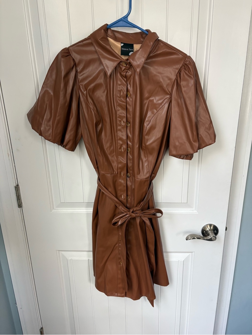 Maison Tara Brown Faux Leather Mini Shirt Dress
